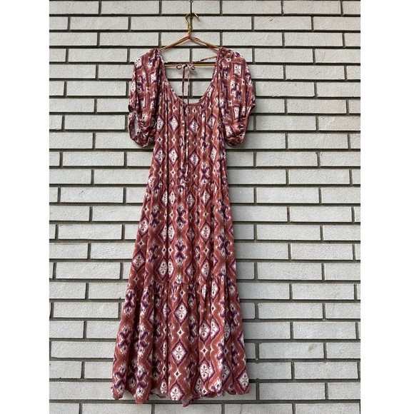 Knox Rose Rust Purple Ikat Puff Sleeve Tiered Midi Dress Pockets Tie Back Size L - Picture 11 of 13